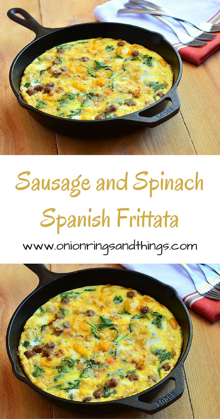 Sausage and Spinach Spanish Frittata is a delicious breakfast treat made with potatoes, sausage, spinach and cheese