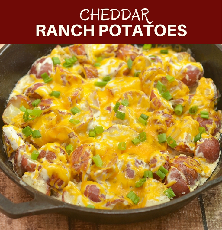 Cheddar Ranch Potatoes with rose potatoes, Ranch seasoning, sour cream, and cheddar. Creamy, cheesy, and a breeze to make with simple ingredients, they may very well be the best potato side dish ever!