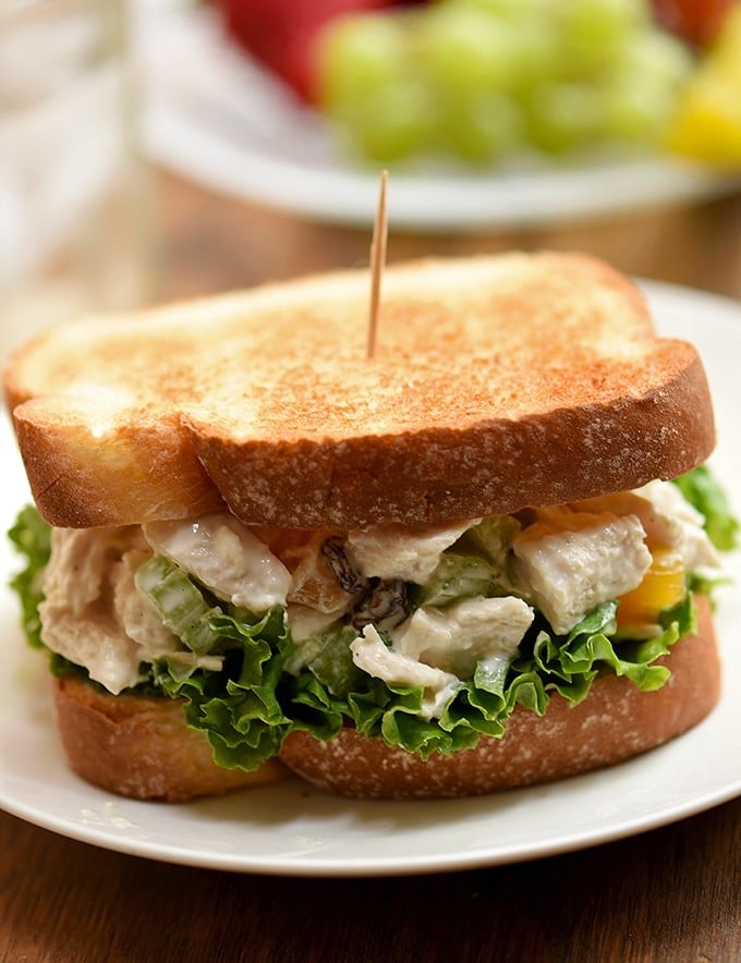 Chicken Salad Sandwich with apricots, cashews, celery, raisins and mayo-yogurt dressing