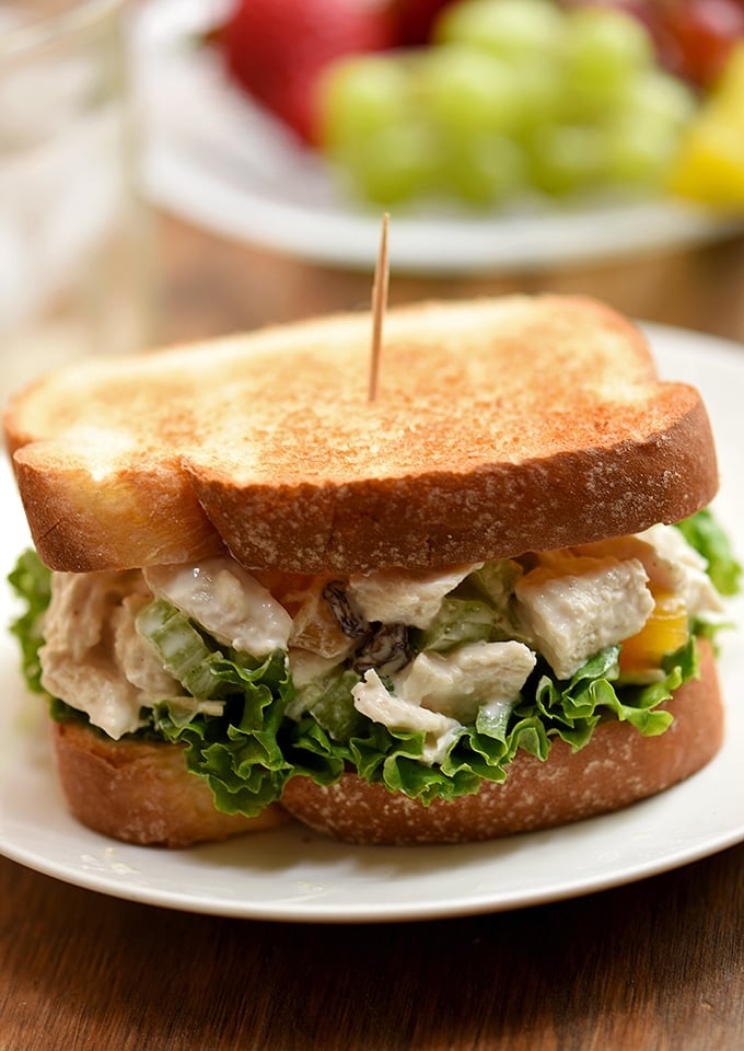 You'll love this delicious chicken salad sandwich with sweet apricots, cashews, celery, raisins and mayo-yogurt dressing.