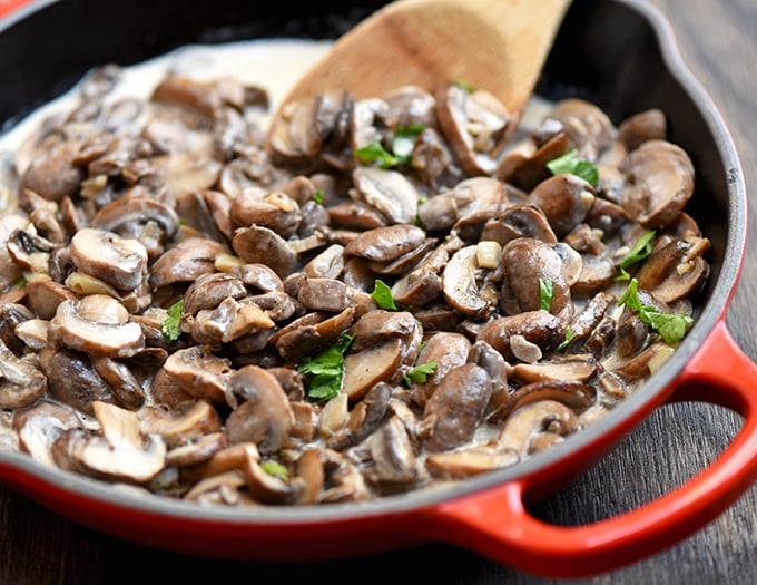 Creamed Mushrooms with a garlic-infused cream sauce. Perfect as a side dish or pasta sauce
