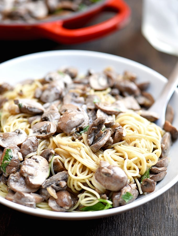 Creamy Mushroom Pasta with flavorful cremini mushrooms and garlicky cream sauce tossed with angel hair