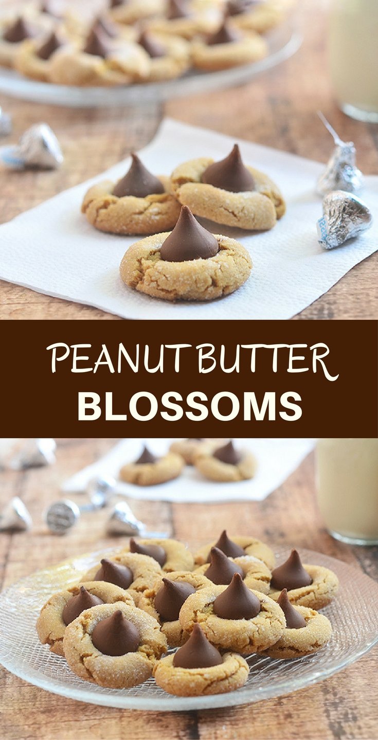 Peanut Butter Blossoms made of chewy peanut butter cookies and sweet chocolate kiss centers. These are as fun to make as they are to eat!