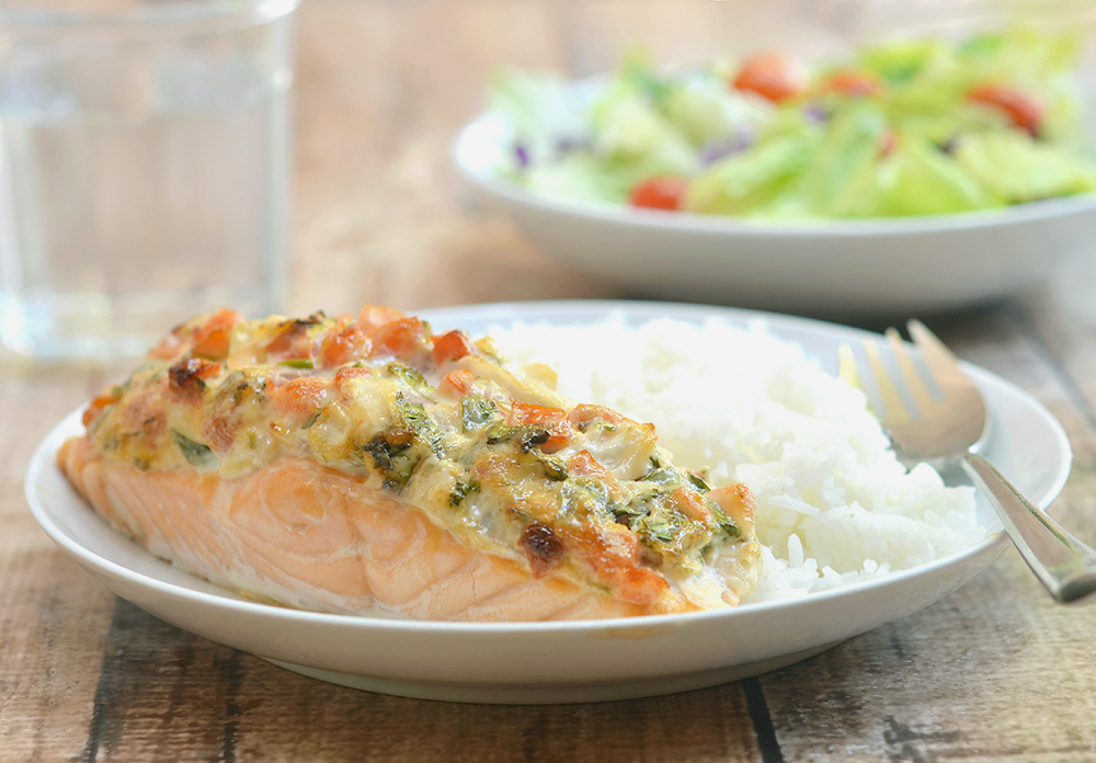 Salmon with Salsa Mayo Topping Onion Rings & Things