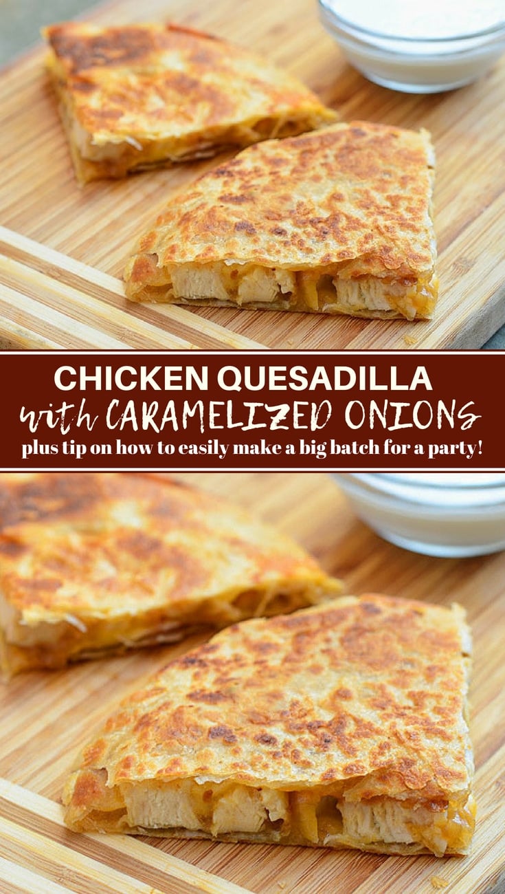 Chicken and Caramelized Onion Quesadilla on brown cutting board