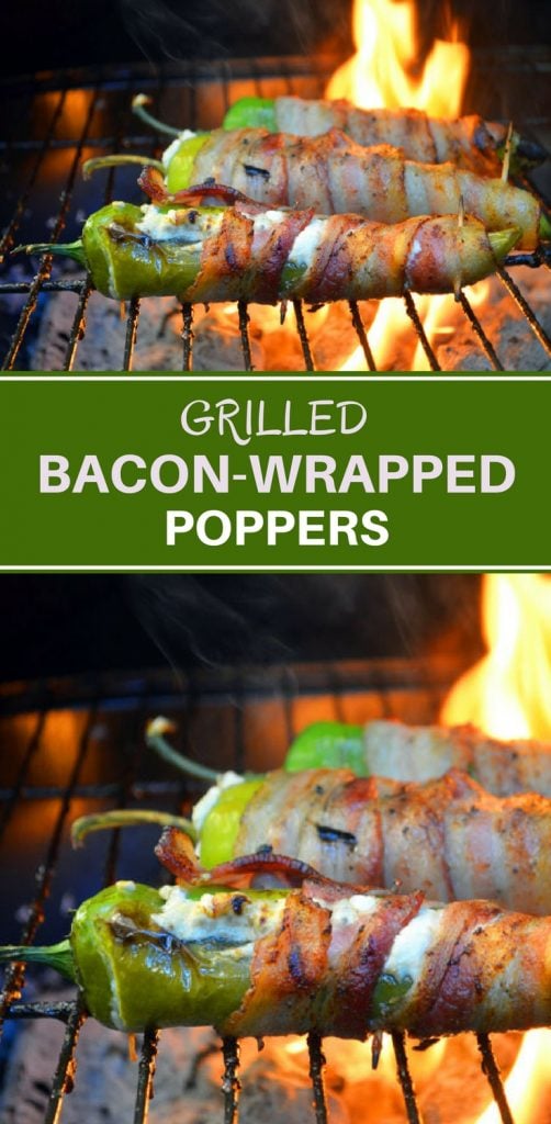 Grilled Bacon-Wrapped Poppers filled with cream cheese, wrapped in bacon, and then grilled to crisp perfection. A delicious medley of creamy, smoky and spicy flavors, they're seriously addicting! Get the easy recipe and helpful tips on how to make them perfectly!