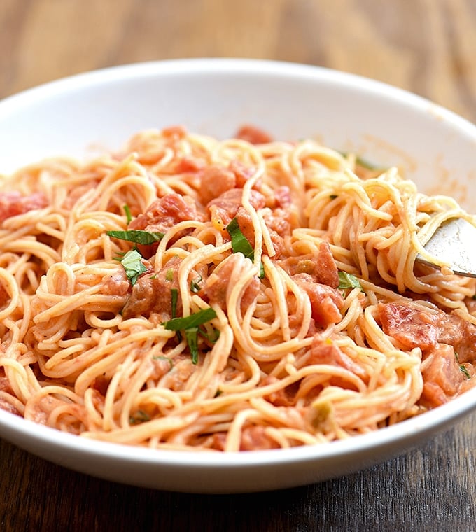 angel hair pasta with a creamy mascarpone and tomato sauce