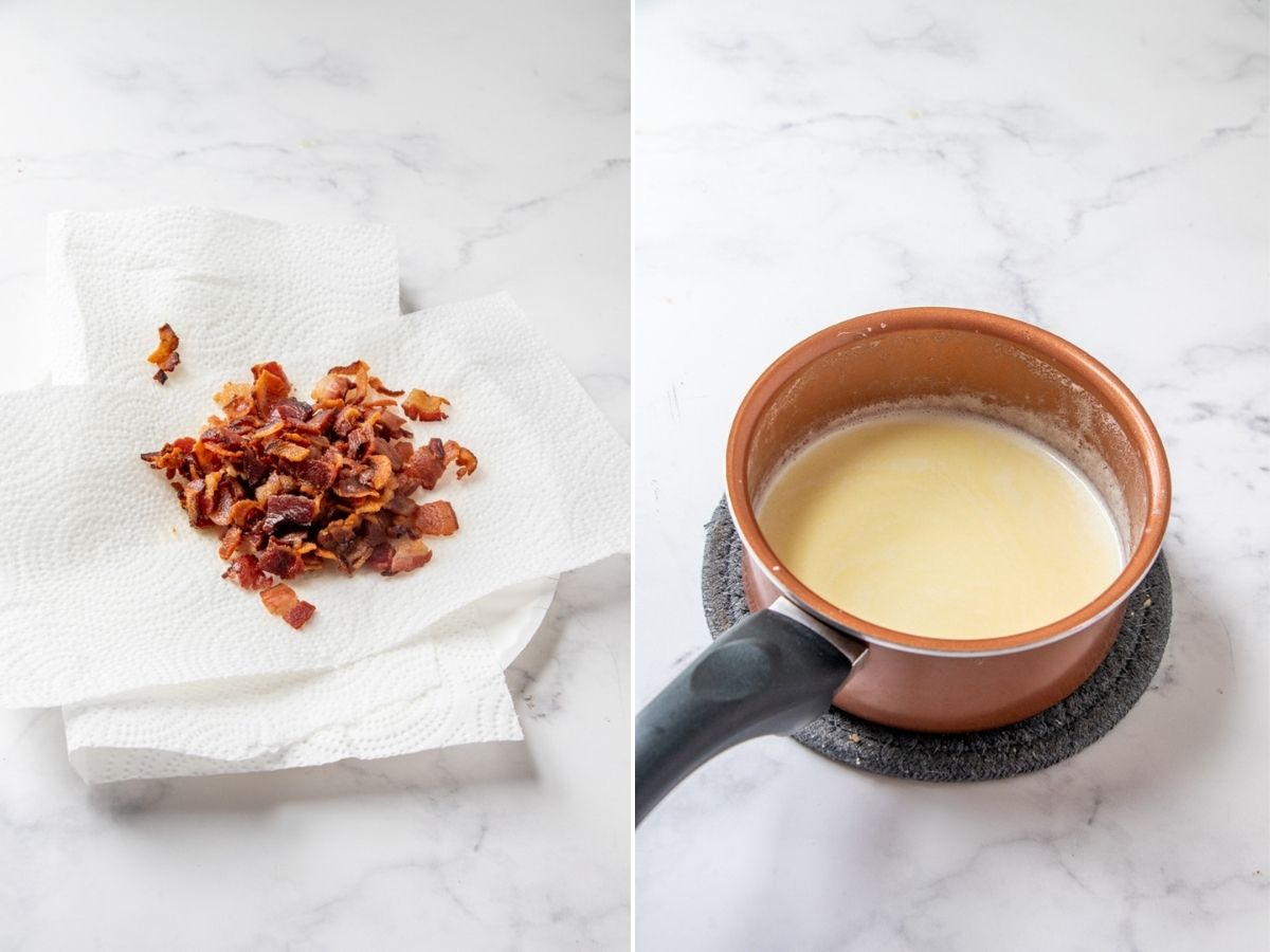 crispy bacon bits and butter-heavy cream in a saucepot