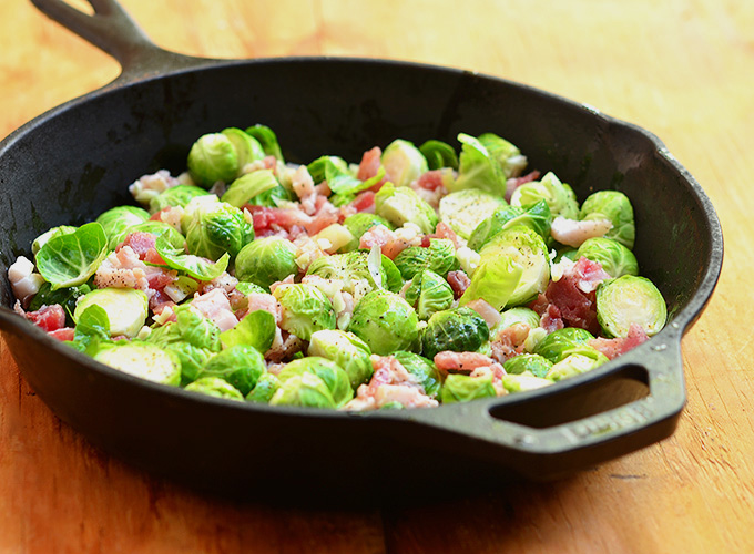 Brussels sprouts and pancetta roast up beautifully in a cast iron skillet. 