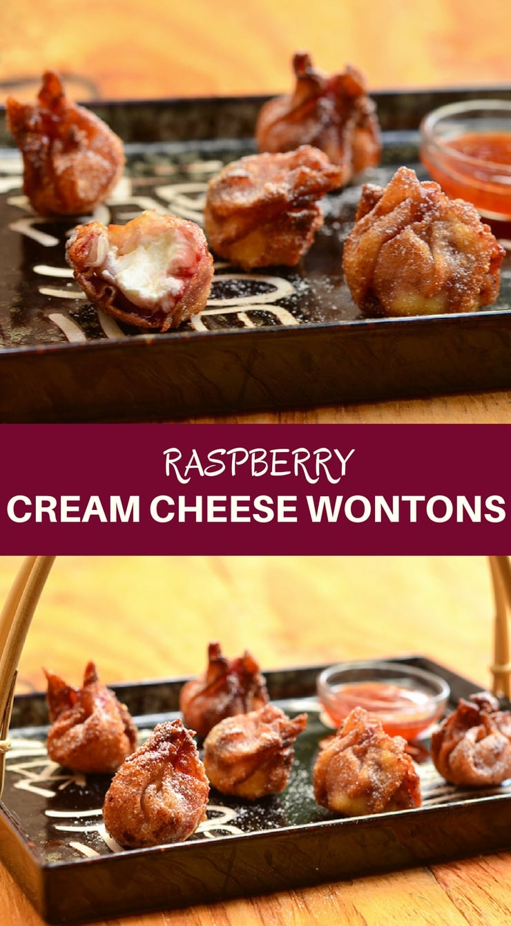 Raspberry Cream Cheese Wontons are what you need right now! Filled with sweet raspberry jam and creamy cream cheese, and then fried to a golden crisp, they're seriously addicting!