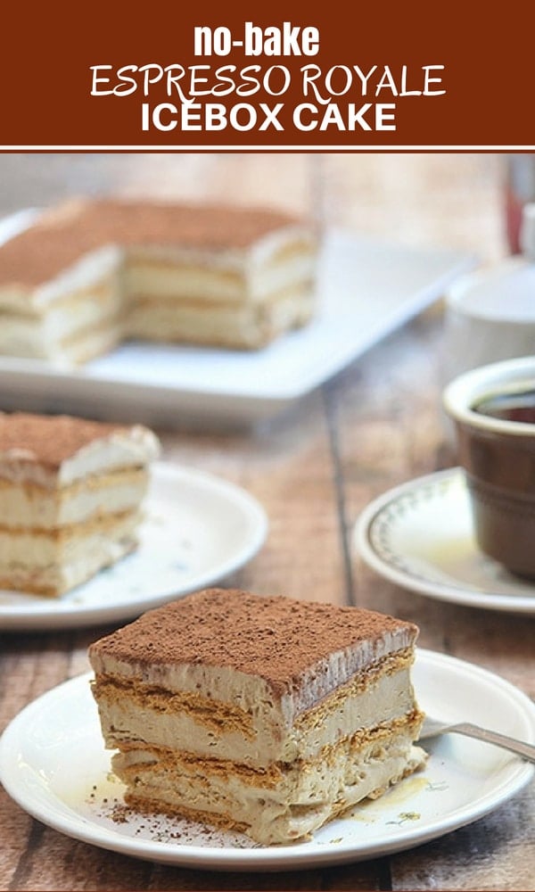 Icebox cake recipe with graham crackers, coffee-flavored whipped cream and cocoa topping