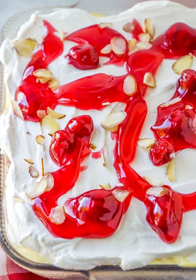 cherry trifle dessert in a casserole dish