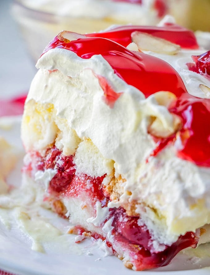 Angel Food Cake trifle with cherry filling on a serving plate