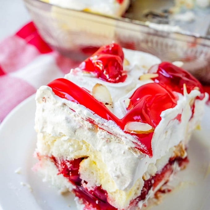 slice of Cherry Angel Trifle on a serving plate