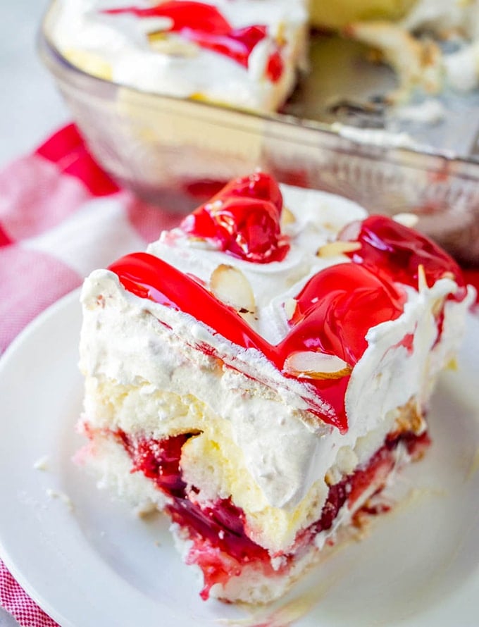slice of Cherry Angel Trifle on a serving plate