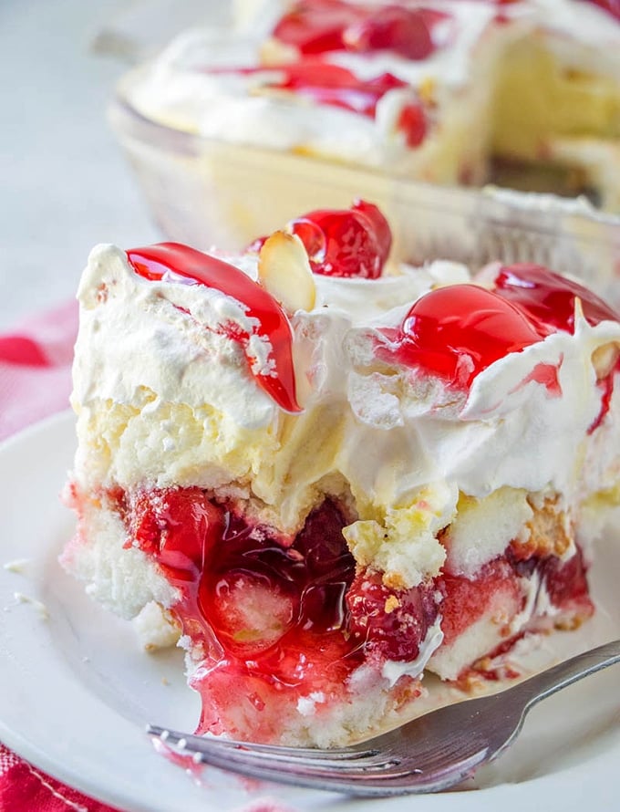 cherry trifle dessert on a serving plate