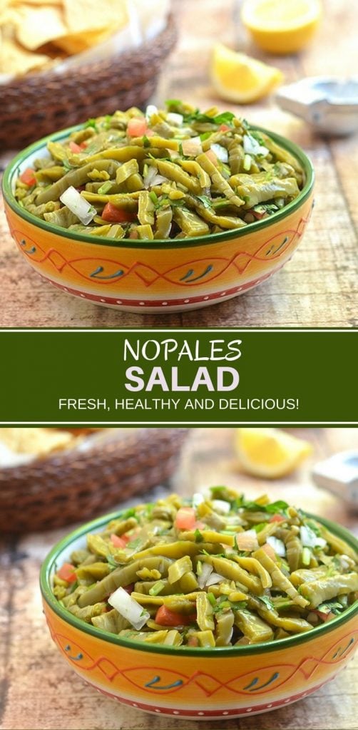 Nopales Salad made with prickly pear cactus, tomatoes, onions, cilantro, chili peppers, and lime juice, is a nutrient-packed salad you'll love. It's fresh, healthy and delicious!