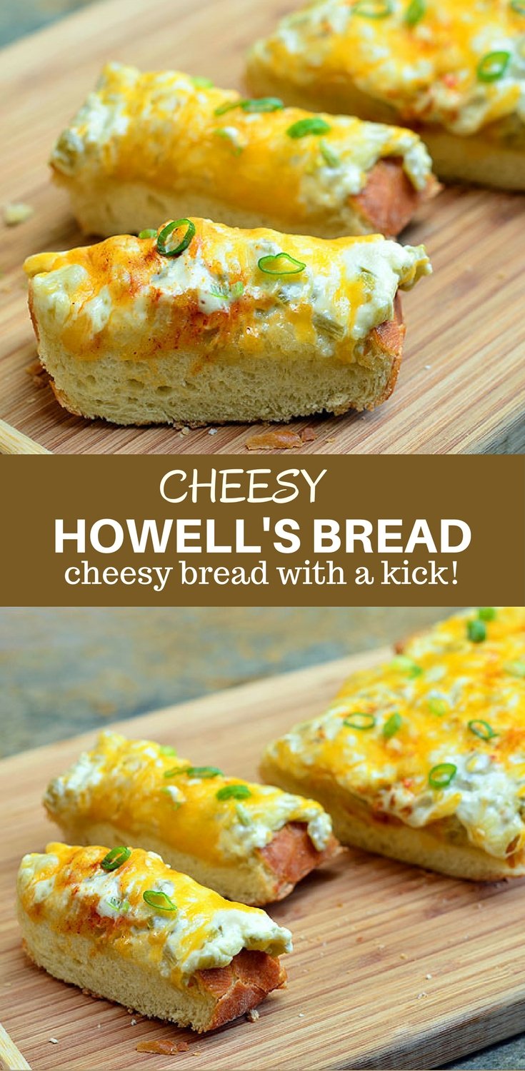 Howell's Bread with mayo, diced green chiles, and cheese on crusty French bread is quick and easy to make and perfect for feeding a crowd. With loads of cheesy goodness and a kick of spice, this cheesy bread is seriously addicting!
