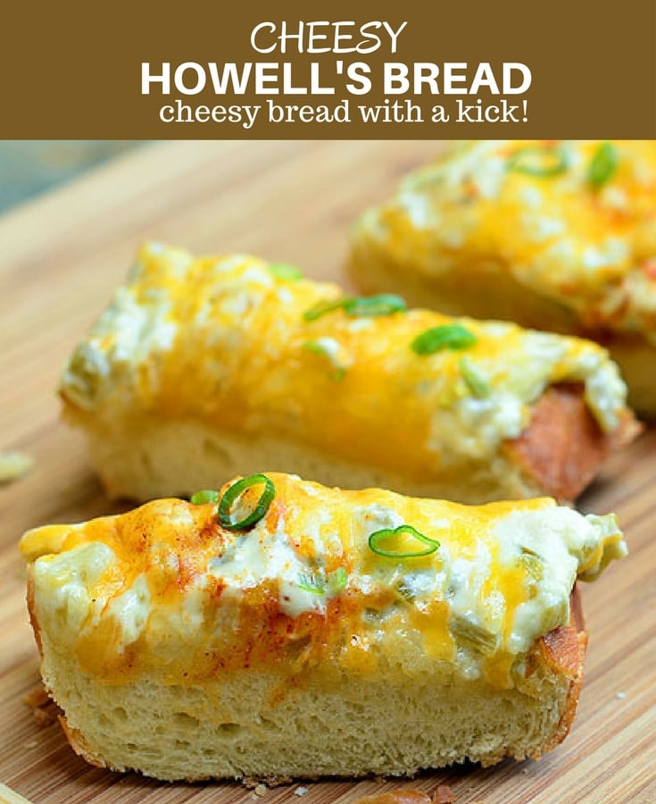 Howell's Bread with mayo, diced green chiles, and cheese on crusty French bread is quick and easy to make and perfect for feeding a crowd. With loads of cheesy goodness and a kick of spice, this cheesy bread is seriously addicting!