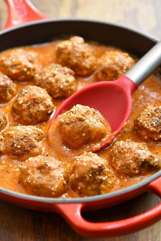 Meatballs with Creamy Tomato Sauce Onion Rings and Things