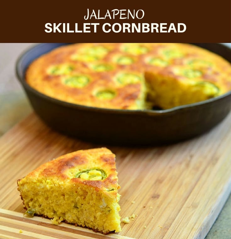 Jalapeno skillet cornbread generously studded with jalapenos. Soft, moist with a kick of spice, it's the perfect pair for hearty bowls of chili or stew!