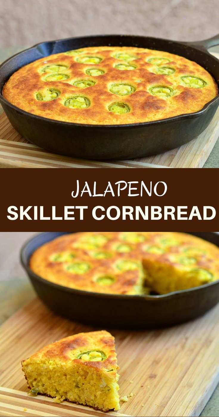 Jalapeno skillet cornbread generously studded with jalapenos. Soft, moist with a kick of spice, it's the perfect pair for hearty bowls of chili or stew!