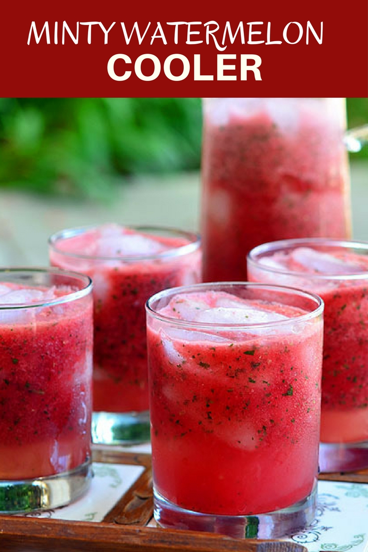 Minty Watermelon Cooler made with fresh watermelon, lime juice, and mint is a delicious way to beat the heat! A few splashes of vodka or rum easily ramp it up into a grown-up cocktail!