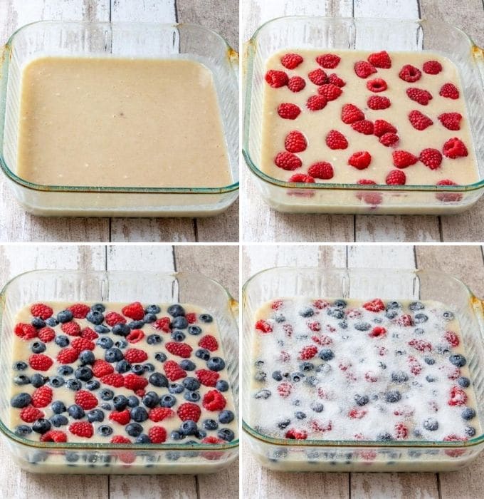 assembling berries and batter in a baking dish
