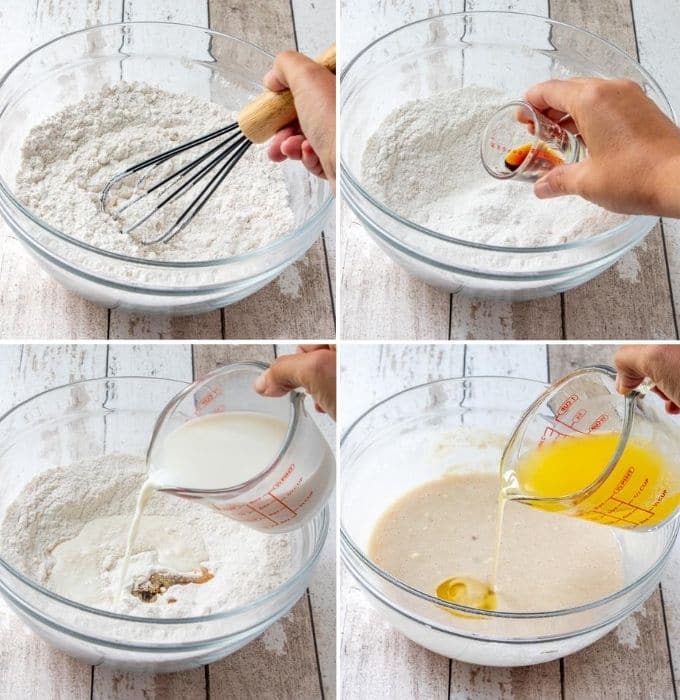 mixing batter in a clear bowl