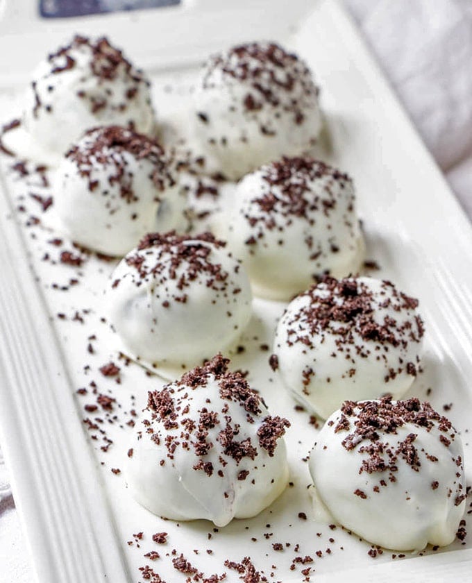 White Chocolate Oreo Cookie Balls on a serving platter