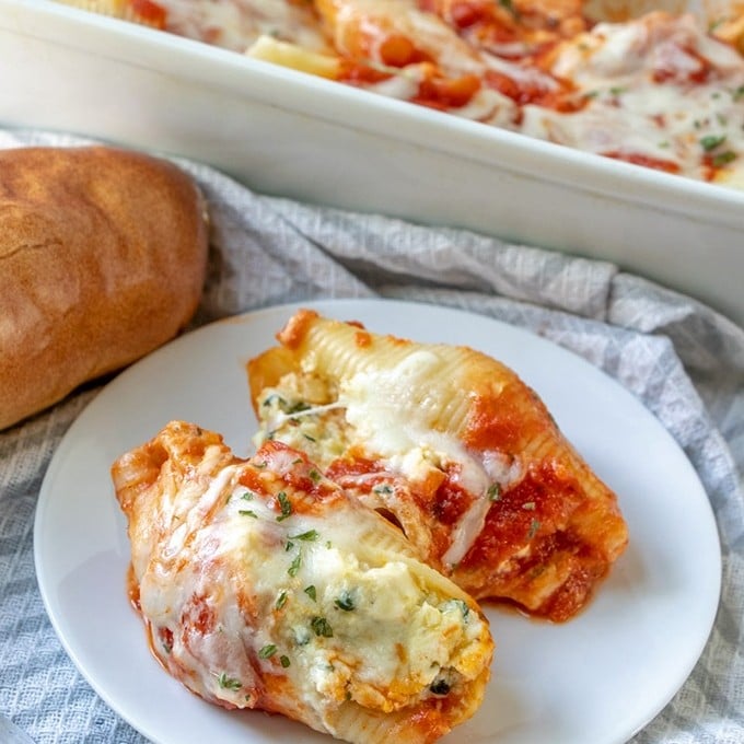 Spinach and Ricotta Stuffed Jumbo Shells on a white plate