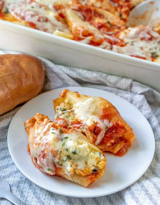 Spinach and Ricotta Stuffed Jumbo Shells on a white plate