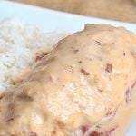 Slow Cooker Mushroom Chicken wrapped in bacon and cooked in the crockpot with cream of mushroom and chipped beef. Perfect with rice, noodles or mashed potatoes.