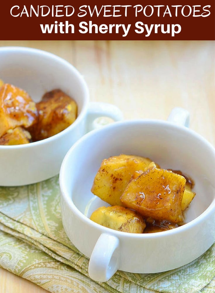 Candied Sweet Potatoes with Sherry Syrup baked in brown sugar, dry sherry, and pumpkin pie spice is a great addition to your Thanksgiving menu. With creamy potatoes and sweet syrup, it's delicious as dessert or side dish.