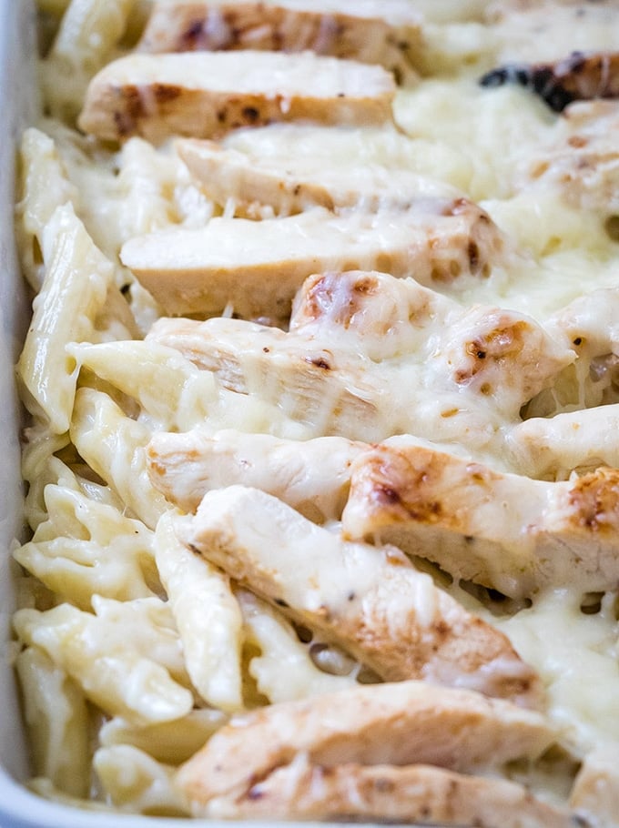 Chicken Alfredo Bake in a white casserole dish