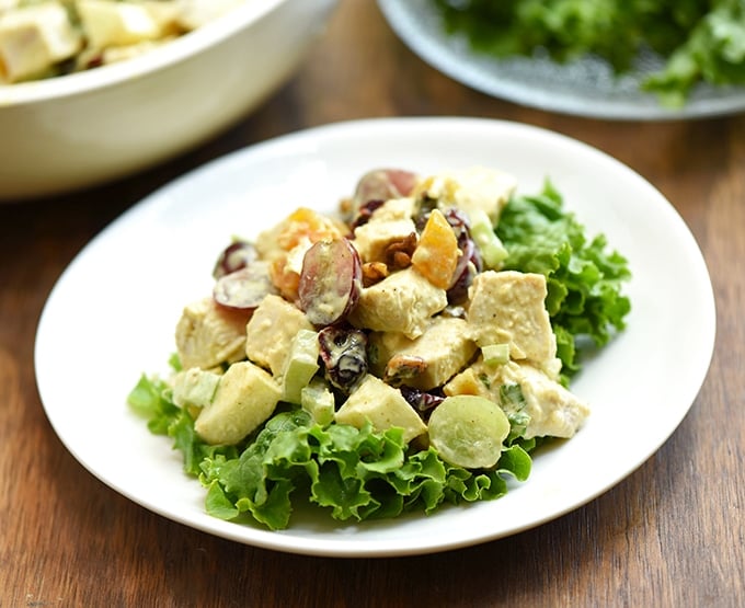 curry chicken and grape salad served on lettuce leaves