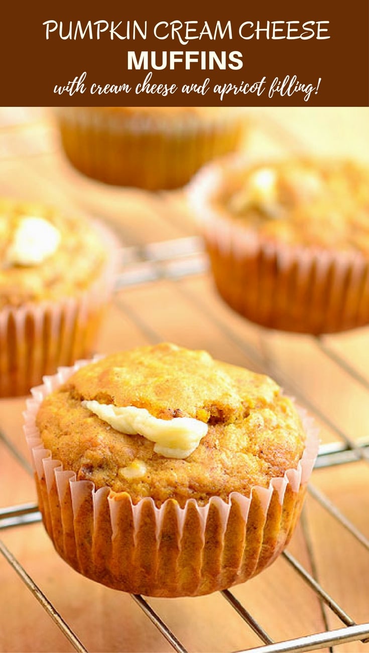 Pumpkin Cream Cheese Muffins filled with creamy cream cheese and apricot preserves. Bursting with Fall flavors, they're amazing for breakfast or anytime you need a sweet treat!