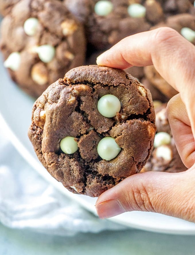 hand holding a white chocolate chip cookie