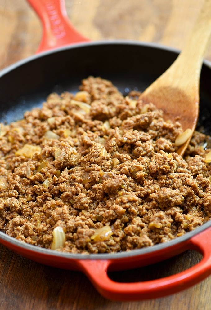 taco ground beef in a red skillet