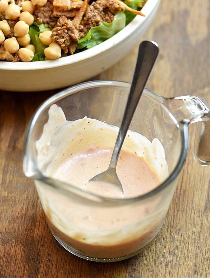 Ranch-salsa dressing and a bowl of taco salad