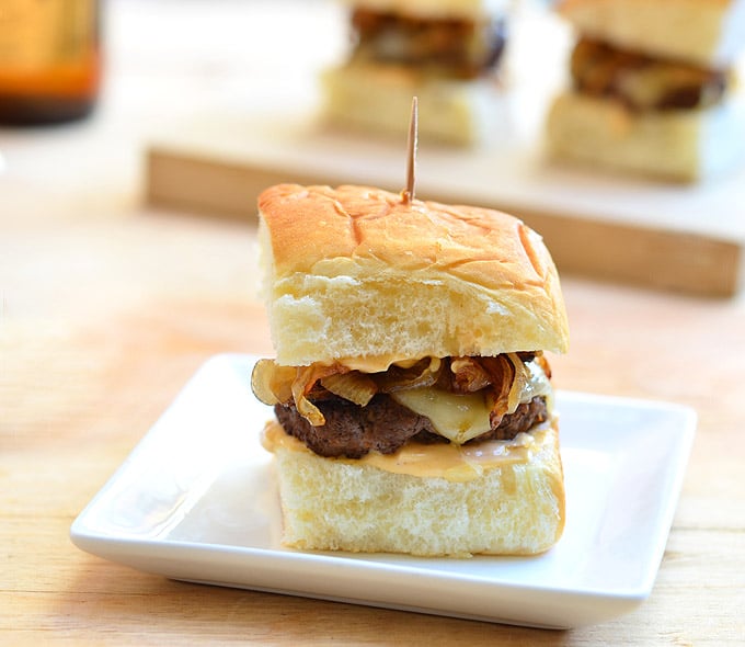 Burger Sliders with Caramelized Onions and Chipotle Mayo