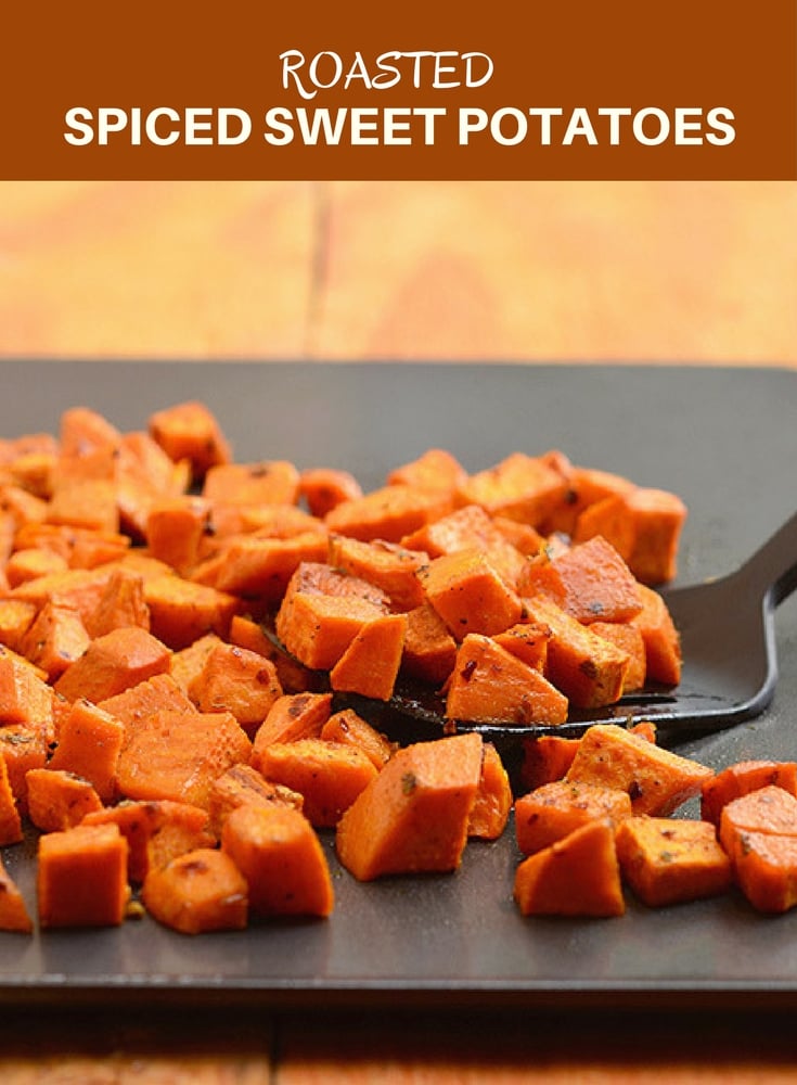 Roasted spiced sweet potatoes seasoned with spices and roasted until golden and crisp are the perfect Fall side dish. The perfect pair for any roasted meat, they're sure to be the star of your Thanksgiving festivities!