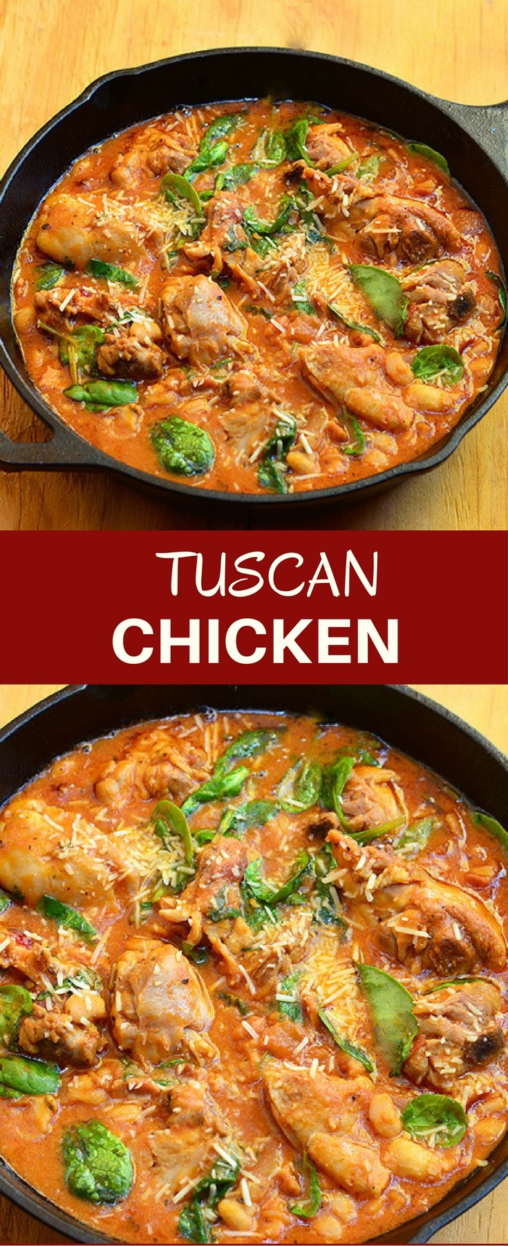 Tuscan Chicken with spinach, white beans, and an amazing tomato sauce. Hearty, delicious, and incredibly easy to make, it's a guaranteed to be a dinner favorite!