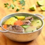 Caldo de Res made with beef shanks, potatoes, corn, and vegetables. This Mexican beef soup is hearty, delicious and the perfect comfort food!