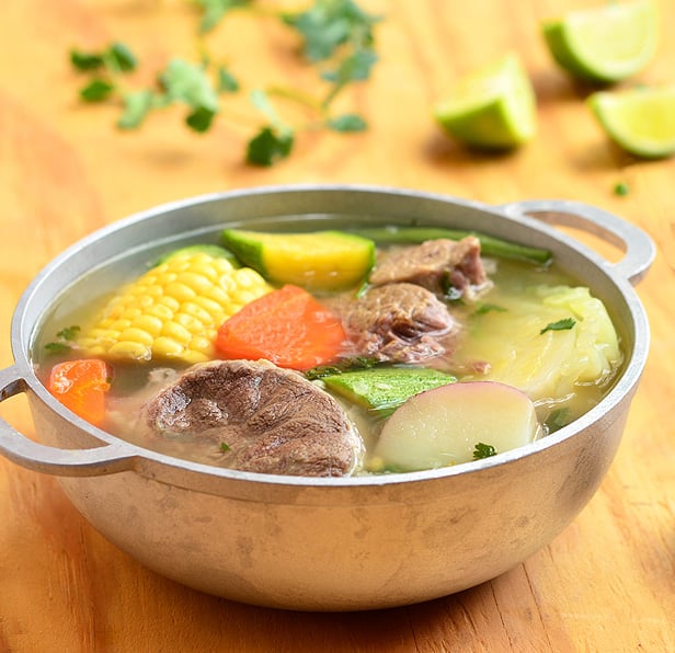 Caldo de Res made with beef shanks, potatoes, corn, and vegetables. This Mexican beef soup is hearty, delicious and the perfect comfort food!