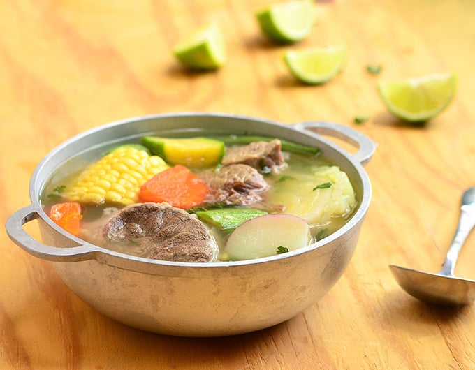 Caldo de Res cooked in one pot. With tender beef potatoes, corn and vegetables in flavorful broth, it's perfect with warm tortillas!