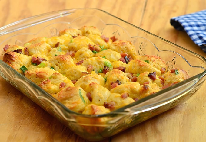 Biscuit and Ham Breakfast Bake with diced ham, tender biscuits, eggs, and cheese is a hearty casserole perfect for breakfast or brunch. Can be made ahead for busy work days!