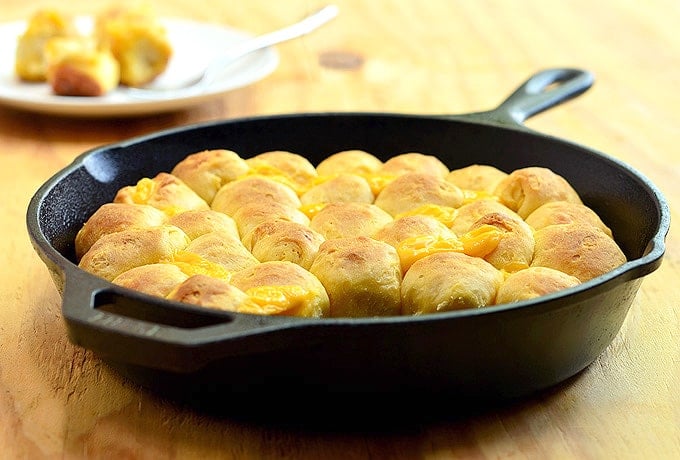 cheesy pull-apart bread baked in cast iron skillet