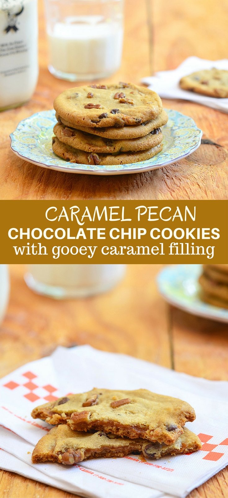 Caramel Pecan Chocolate Chip Cookies are crisp, buttery and deliciously gooey with soft, caramel centers. Bake a big batch, these are sure to be everyone's favorite treat!
