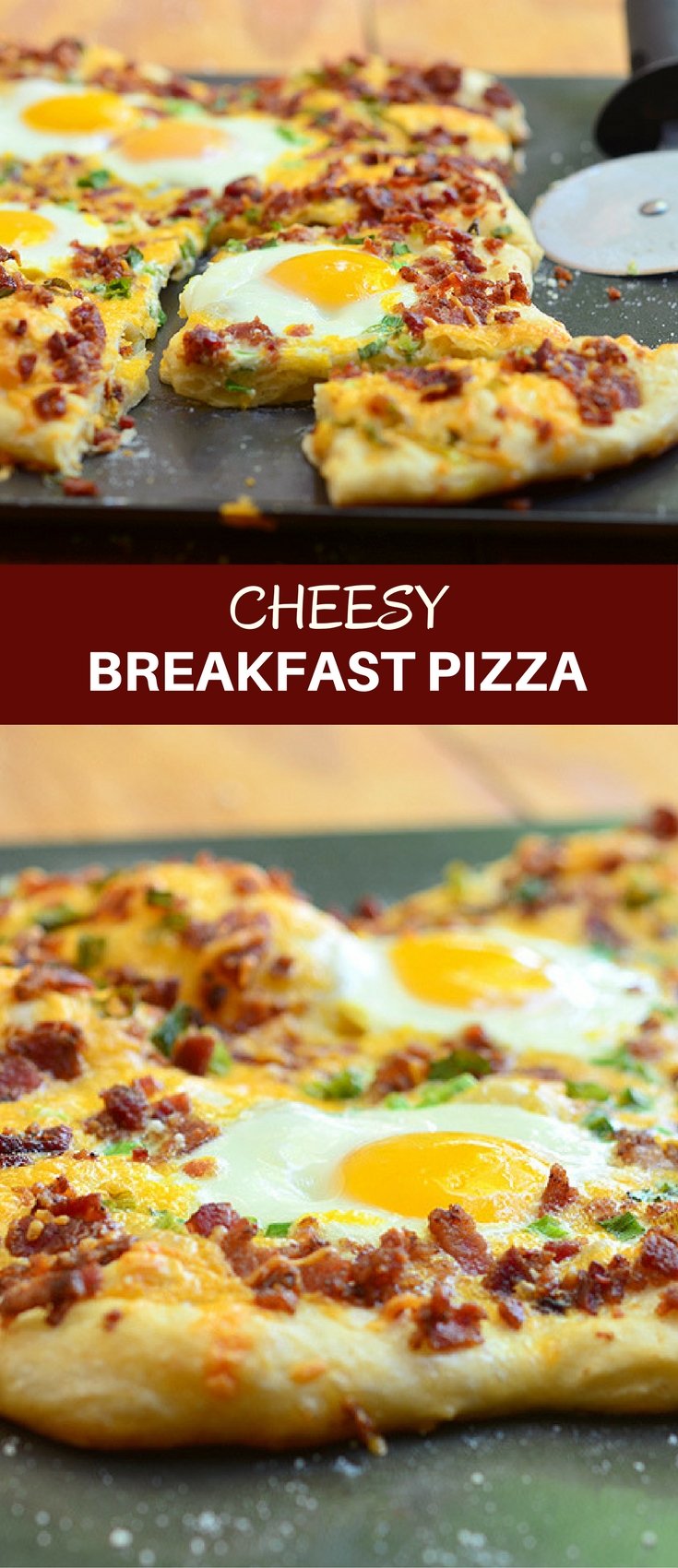 Cheesy Breakfast Pizza topped with crumbled bacon, sharp cheddar cheese, and sunny-side up eggs. Hearty and delicious, it's the best way to start your day!